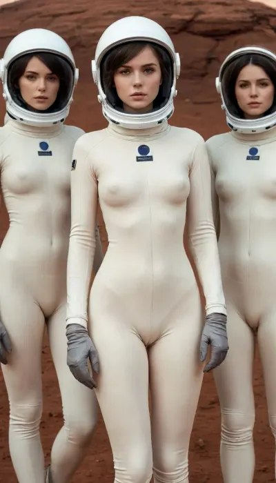 Hentai anime illustration by Bobby Abley, award winning photography, 20 years old beautiful woman, supermodel body, thigh gap, very soft dark dim moody lighting, cinematic photo, Waist-up, muted photo portrait titled "a group of female astronaut in mars", broken helmet ivory cold color palette, full body suits, textured thick fabric, zipper, gloves, muted colors, detailed, 8k, puffy cameltoe, high quality detailed mars surface, perfect lighting, outdoor multilayered background. shot with leica summicron 35mm f2.0 lens on kodak portra 400 film, masterpiece, sexy, aesthetic, trending on pintrest, 35mm photograph, film, bokeh, professional, highly detailed, Radiant, clothes, braless, Wearing, that, make, sense, with, Braless>, <lora:add-detail-xl:.9>, <lora:bralessSDXL_v1_00022:.1>