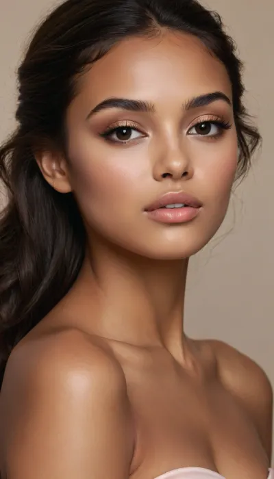 Beautiful young woman, early 20s, Mediterranean / North African features, warm golden-brown skin with smooth even complexion and soft natural dewy glow. Oval face shape, soft high cheekbones, gently tapered jawline ending in a slightly narrow rounded chin, elegant long neck. Full plush lips with a clearly defined cupid’s bow, naturally pinkish-nude tone, soft and hydrated look.

EYES, (most important – ultra detailed), Large, striking almond-shaped eyes with a slight upward tilt at the outer corners. Deep dark brown irises with a subtle warm amber-golden ring around the pupil and a bright natural catchlight in the upper inner quadrant. Soft natural upper eyelid crease, mild hooded fold that adds gentle depth without heaviness. Upper lash line thin and precise, lower lid smooth and clean with only a faint warm shadow. Upper eyelashes long, thick, dense and jet-black, naturally curled upward, lower lashes shorter but still full and dark. Eyebrows strong, high and sharply arched, dark brown-black, full yet neatly groomed with natural hair texture, peak sitting slightly past the outer third of the eye. Soft winged eyeliner that starts thin at the inner corner and flares into a sharp, elegant wing past the outer corner. Subtle champagne-shimmer eyeshadow on the mobile lid, soft bronze shadow blended into the outer V and crease, thin dark brown liner along the upper waterline.

Hair, long, silky dark brown almost-black hair with natural volume, often worn half-up with soft face-framing strands or fully loose in big soft waves, sometimes sleekly pulled back into a low or mid ponytail/updo revealing the face.

Body, slim, athletic yet soft feminine figure, narrow shoulders, defined collarbones, modest natural bust, slim waist, graceful model-like proportions and posture.

Makeup overall, glowing skin, warm bronze contour along the cheekbones and jawline, soft peachy-pink blush on the apples of the cheeks, subtle highlight on the brow bone, cupid’s bow and high points of the cheekbones. Nude-pink glossy lips.