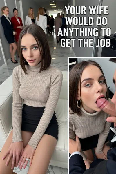 8k UHD, Picture divided in two parts.On the left part of the picture, high angle professional photoshot. A 19 years old girlfriend is sitting holding tighten her thighs on a white leather couch. The scene takes place in an indoor corridor with marble on thé floor and empty grey walls. Clear brunette very long square haircut, very pale almost sick skin, freckles on her face, slim face, slim nose, Big clear blue eyes, slim chin, moles, large gold hoop earrings, skinny body. She's wearing a beige turtleneck pullover with a downblouse and a skinny sized black skirt. Pussy barely visible. Wedding ring with a diamond on her ring finger. The secretary and the viewer are handshaking each other. Daytime, sunlight is sparkling the scene. In background, blurred crowd of beautiful women with office clothes who are waiting in the corridor.On the right part of the picture, POV, same girlfriend, same face, same body, same clothes. Inside an office. Nobody's around. She's on her knees, giving a Deep blowjob to the viewer. Thick 18 inches veiny penis, wet penis, massive cumshots on her face.Big text on the center of the picture "YOUR WIFE WOULD DO ANYTHING TO GET THE JOB".