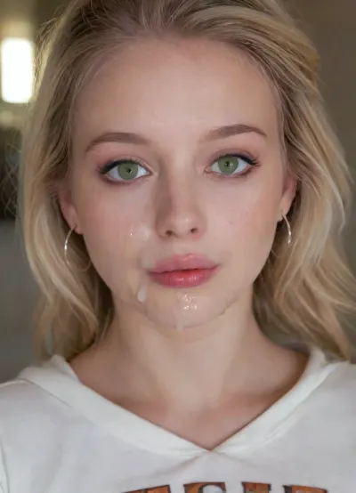 Stunning, incredibly sexy, and aroused young woman, (19 years old), short, silky blonde hair, innocent face, small natural firm breasts, Swedish, flirtatious, tall, slender, glamorous look, hoop earrings, necklace, full-body view, round face, bright green eyes, glowing skin, perfect slender figure, tanned skin, black eyeliner, rich bronze eyeshadow.
Fully clothed, (loose, bright pink college-style hoodie), realistic eyes, giving the middle finger to the camera, sultry expression. Eye contact, confident and seductive gaze. Petite, athletic, with a light sheen of sweat on her skin. Photorealism. Eye-level camera, close-up. Location, dimly lit, shabby basement of an abandoned building. Close-up, Canon RF 100mm F2.8L Macro IS USM lens, Kodak Portra 400 color film. Nostalgic aesthetic with film grain, overall underexposure by 1–2 stops to emphasize the gloomy and isolated atmosphere. Close-up of the face. Soft backlighting. Lots of whitish semen on her lower lip and chin., woman, cum, on, face, <lora:SDXL_BetterFaces-LoRA_v1:.8>, <lora:JustCum:.5>