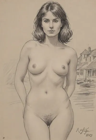 pencil sketch, portrait of gorgeous 35yo brunette, happy, 1980s style, frontal view, completely unclothed, standing, voluptuous, natural small-sized teardrop-shaped sagging breasts, seaside town, pencil, sketch, hairy unshaved vulva, <lora:sketch_it:.8>, <lora:Pencil_Sketch-06R:.8>, <lora:sketch:.8>
