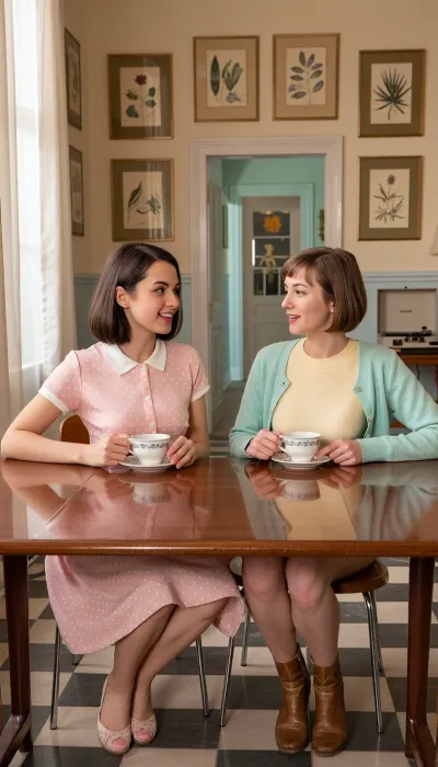 The frame is symmetrically composed, placing the two friends exactly at the center of a wide shot that feels like a page from a vintage 1950s picture book. Both women are in their early twenties, the one on the left has a bob of chestnut hair, a subtle curl at her jawline, and wears a pastel‑pink polka‑dot dress of soft cotton that catches the light with a faint, almost fabric‑like sheen, while the one on the right sports a short, sun‑bleached bob, a mint‑green cardigan over a buttery‑yellow sweater, and vintage leather ankle boots that show a gentle wear pattern. They sit side by by, shoulders lightly touching, their elbows resting on a low, lacquered wooden table that occupies the foreground, and each holds a steaming cup of tea, the porcelain cups reflecting the soft‑diffuse illumination with a delicate, creamy glaze. Their hands are relaxed, fingers curled around the handles, and their gazes meet at the edge of the table, eyes bright with shared amusement, as if they are about to burst into a quiet laugh about a nostalgic memory. Behind them, a pastel‑colored wall is adorned with a symmetrical arrangement of framed botanical prints, each image rendered in muted greens and yellows, reinforcing the orderly, almost storybook feel of the scene. The middle ground includes a narrow, pastel‑blue hallway that stretches straight away, its tiled floor a subtle checkerboard that leads the viewer’s eye toward the vanishing point, while a vintage record player sits on a small side table, its brass knobs catching a faint glint. A gentle haze of fine dust particles drifts lazily in the air, catching the soft light and creating tiny specks of golden glow that add a tactile sense of warmth to the room. The source of illumination is a large, frosted window on the left side, delivering a diffused, warm glow that blankets the characters and the surrounding décor, eliminating harsh shadows and rendering the skin tones with a buttery, almost porcelain quality. The camera perspective mimics a 35mm film lens set at roughly 50mm focal length, aperture f/2.8, providing a modest shallow depth of field that keeps the two friends sharply in focus while the background recedes with a subtle bokeh that suggests a film‑grain texture typical of the era. The overall composition follows the rule of thirds, yet the strict central symmetry creates a deliberate visual balance, echoing Wes Anderson’s signature style, while the pastel palette of pinks, yellows, and greens reinforces a nostalgic mood that invites the viewer to feel the gentle, comedic intimacy of a quiet afternoon shared between close companions.