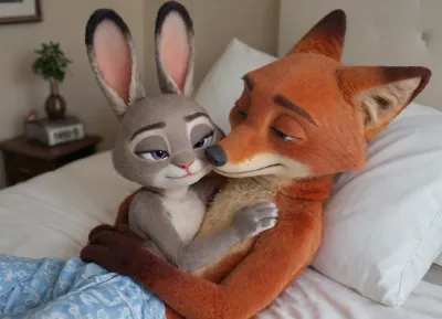 (Furry, Judy Hopps from "Zootopia":1.7), (Furry, Nick Wilde from "Zootopia":1.7), ((Disney)), cuddling on the bed.