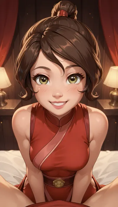Ty Lee, from Avatar the last Airbender. cute. Beautiful model.classic Ty Lee red outfit. Bedroom, big smile., <lora:PrgXL_V1:.8>, <lora:princess_xl_v2:.8>, pov