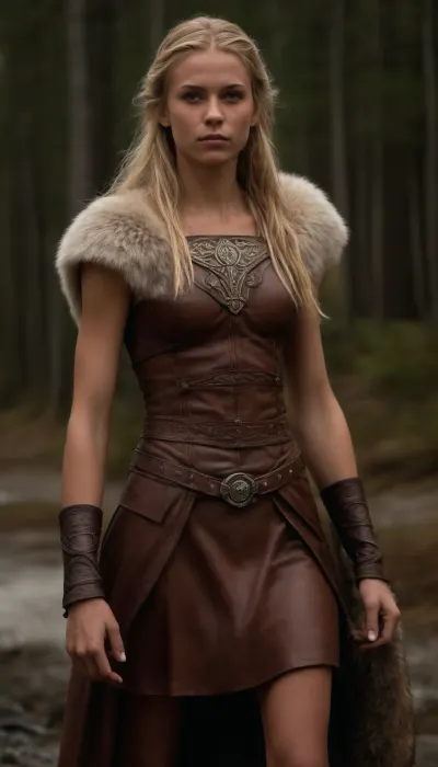 very high quality, 8k, very deailed picture, ((((very skinny swedish woman, tanned northern viking blonde woman casually standing in the northern wilderness, 18yo, highly defined muscle detail, highly detailed skin, perfect body, ((wearing a full heavy viking armor made of leather and fur)), ((((several layers of viking cloths made of leather and fur)))), (((extreme long hair:1.9))), ((((extreme long viking hairstyle)))), play of light and shadow on skin and big strong muscles give the picture depth and a high degree of realism, tanlines, a few bright-colored accessoires and flashy jewelry ad a pop of color and visual interest and detail)))), clothes, braless, Wearing, that, make, sense, with, Braless>, detailxl, <lora:bralessSDXL_v1_00022:.8>