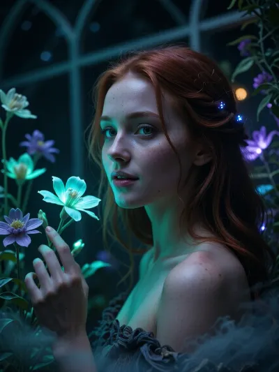 Ultra detailed depiction, extreme close-up composition, sharp focus on her face. A professional cinematic still of a beautiful fantasy redhead woman with pale skin, standing inside a dimly lit greenhouse filled with bioluminescent flowers. Her skin is smooth and cool-toned, with a faint natural sheen. Her eyes are a striking deep green, reflecting the soft glow of the plants around her. Her expression is calm and curious, a gentle smile on her lips as she looks toward one of the glowing flowers near her hand. Her dark hair falls loosely around her shoulders, catching small points of glowing light. Around her, the greenhouse is filled with fantastical flora, glowing flowers in shades of teal, violet, and soft green, casting gentle ambient light through the dim space. Wisps of soft mist drift low along the ground. The overall lighting is dark and moody, lit primarily by the glowing plants themselves, creating dramatic contrast between deep shadow and vivid glowing color. The color palette is dominated by deep blues, teals, and glowing violet accents. Shallow depth of field, soft bokeh background, over-detailed cinematic photography, masterpiece, epic detail, sharp facial details, photorealistic render.