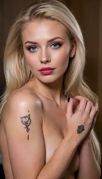 (18 year old blonde bimbo model), (heart tattoo on left leg:1.2), (botox lips:1.4), (botox face:1.5), (oiled skin:1.8)