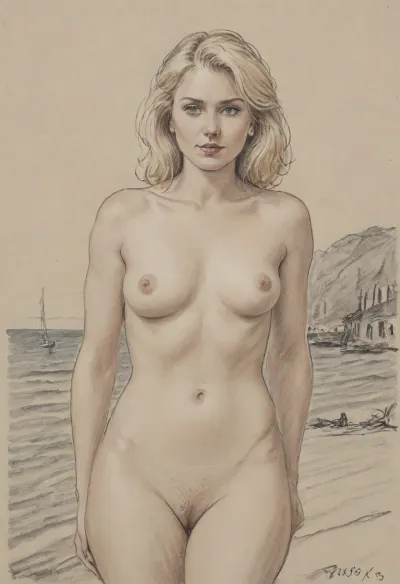 pencil sketch, portrait of gorgeous 35yo blonde, happy, 1980s style, frontal view, completely unclothed, standing, voluptuous, natural small-sized teardrop-shaped sagging breasts, seaside town, pencil, sketch, hairy unshaved vulva, <lora:sketch_it:.8>, <lora:Pencil_Sketch-06R:.8>, <lora:sketch:.8>