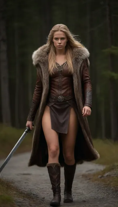 very high quality, 8k, very deailed picture, ((((tall very skinny swedish woman, tanned northern viking blonde woman casually walking through the northern wilderness, 18yo, highly defined muscle detail, highly detailed skin, perfect body, ((((wearing a full heavy viking armor made of leather and fur, over all a long thick fur coat, bare thighs, several layers of viking cloths made of leather and fur, holding a very long old sword in her right hand)))), ((((extreme long viking hairstyle:1.9), extreme long hairstyle)))), play of light and shadow on skin and big strong muscles give the picture depth and a high degree of realism, tanlines, a few bright-colored accessoires and flashy jewelry ad a pop of color and visual interest and detail))), clothes, braless, Wearing, that, make, sense, with, Braless>, detailxl, <lora:bralessSDXL_v1_00022:.8>