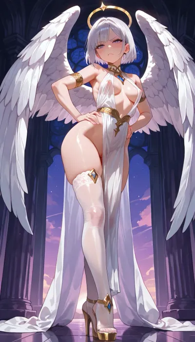 purple sunset, skies, solo, Legs wide, (medium breast), full-length view, silver manicure, (petite build), short hair, 1girl, bangs, (young), calm and focused, extremely platform heels, stockings, the celestial goddess of debauchery, the celestial throne of the goddess, divine transparent uniform, angel wings, halo, (tiptoe), (She leaned forward to scold me, looking me in the eye with a hurt expression, her hands on her hips), Angry, looking straight ahead, no panties, no bra, horny excited erect nipples, anus
