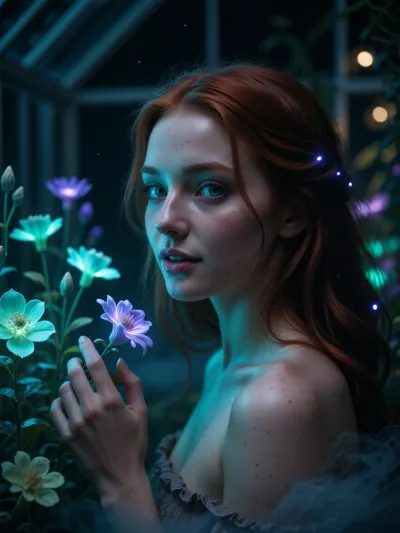 Ultra detailed depiction, extreme close-up composition, sharp focus on her face. A professional cinematic still of a beautiful fantasy redhead woman with pale skin, standing inside a dimly lit greenhouse filled with bioluminescent flowers. Her skin is smooth and cool-toned, with a faint natural sheen. Her eyes are a striking deep green, reflecting the soft glow of the plants around her. Her expression is calm and curious, a gentle smile on her lips as she looks toward one of the glowing flowers near her hand. Her dark hair falls loosely around her shoulders, catching small points of glowing light. Around her, the greenhouse is filled with fantastical flora, glowing flowers in shades of teal, violet, and soft green, casting gentle ambient light through the dim space. Wisps of soft mist drift low along the ground. The overall lighting is dark and moody, lit primarily by the glowing plants themselves, creating dramatic contrast between deep shadow and vivid glowing color. The color palette is dominated by deep blues, teals, and glowing violet accents. Shallow depth of field, soft bokeh background, over-detailed cinematic photography, masterpiece, epic detail, sharp facial details, photorealistic render.