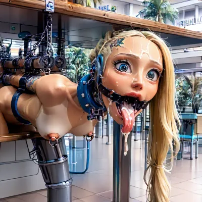 outdoors, (paradise island mall:1.3), (side view:1.3), (under modern bar table counter:1.5), ((narrow innocent looking face:1.7)), (light very white sci-fi bdsm machine:1.7), (young beautiful petite woman:1.7), (((woman is stuck up leaning forward in a small horizontal hole with bdsm light machine:1.6))), ((lower body totally restrained in horizontal machine:1.7)), (head up restrained back:1.7), (hands restrained behind in machine:1.7), (stuck from small horizontal rim machine:1.6), ((electronic mouth spreader ring gag:1.7)), (wide open mouth:1.6), ((model cutie:1.8)), (perfect:1.5), (slender fit skinny:1.6), (small thin waist:1.3), (tattooed wide shoulders:1.4), (clear narrow beautiful eyes:1.6), (perfect lips), ((very long wide smooth light white tongue out down:1.7)), ((round tongue's end:1.6)), (cum flows out from mouth:1.7), (cum on face:1.3), (light massive very oversized electronic collar device around very short throat:1.6), (blonde smooth silky long hair ponytail restrained back:1.5), (firm perky implanted medium breasts:1.5), (her boobs is spread apart:1.6), (tan fair very oiled skin:1.6), (very beautiful perfect face:1.7), thin beautiful eyebrows, (very gorgeous:1.5), (sexy:1.4), (nipple ring piercings:1.4), (satisfied:1.6), (tattoo:1.3), (seductive sexy makeup:1.5), (long black eyelashes:1.4), lipstick, (stunning:1.3), (dimples on cheeks:1.4), (paradise island:1.3), (palm trees:1.2), (bright day:1.5), (masterpiece:1.1), <lora:skinny11:.5>, <lora:Microwaist_XL_v01:1.5>