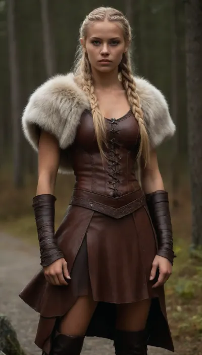very high quality, 8k, very deailed picture, ((((very skinny swedish girl, tanned northern viking blonde girl casually standing in the northern wilderness, 18yo, highly defined muscle detail, highly detailed skin, perfect body, ((wearing a full heavy viking armor made of leather and fur)), ((((several layers of viking cloths made of leather and fur)))), (extreme long hair:1.9), (buttlenght hair:1.9), ((((braided, long viking hairstyle)))), play of light and shadow on skin and big strong muscles give the picture depth and a high degree of realism, tanlines, a few bright-colored accessoires and flashy jewelry ad a pop of color and visual interest and detail, girl is looking to the camera))))