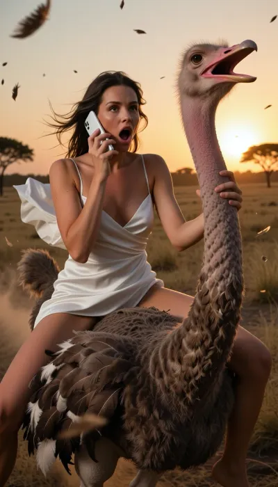 Shot on Canon EOS R5 with 85mm f/1.2 lens at f/1.8, sophisticated Vogue-style fashion editorial, cinematic vertical full body shot, high-end fashion editorial action selfie captured with a dynamic wide-angle smartphone perspective, featuring an adult person riding on the back of a large, galloping African ostrich. The person occupies the middle ground, wearing a white silk slip dress that flutters violently in the wind, their expression one of pure, hilarious shock with wide eyes and a gaping mouth. They are holding a white smartphone pressed to their ear as if in the middle of an important call, while their other hand grips the coarse, textured feathers of the ostrich's neck for stability. The ostrich dominates the immediate foreground, its long, powerful neck curving toward the lens, with its large beak wide open in a comical, startled expression. The scene is captured with intense motion blur, creating a chaotic sense of high speed, with dust clouds and stray ostrich feathers swirling through the air. The setting is a vast, sweeping African savanna during a dramatic golden hour sunset, where the low-hanging sun casts a brilliant golden rim light around the subjects' silhouettes and illuminates the distant, hazy acacia trees. The lighting is warm and cinematic, featuring deep amber and soft orange tones in the sky, with natural shadows and high-dynamic-range detail that emphasizes the realistic textures of the ostrich's mottled feathers, the person's sun-kissed skin, and the fine weave of the summer fabrics. The composition is intimate and jarring, creating an ultra-photorealistic, high-speed adventure aesthetic, depth of field, volumetric fog, moody noir aesthetic, extremely detailed skin texture, water droplets, natural film bloom, gritty grain texture. her hair blows toward the viewer as she looks up. she is photographically integrated into the landscape through shared illumination and atmospheric depth, cinematic live-action fantasy photography, environmental portraiture, warm color response, deep imperfect blacks, gently underexposed photography, physically plausible sunlight, natural atmospheric perspective, subtle lens softness away from the focal plane, layered depth, realistic skin texture with visible pores, realistic anatomy, realistic fabric physics, photographic lighting, shallow depth of field, framing the composition asymmetrically, Dramatic chiaroscuro split lighting sharply carving one side of her cheekbones in luminous porcelain highlight while plunging the other into rich, velvety shadow. Color palette of deep muted cherry-red, earthy mahogany, soft cream, metallic chrome, and electric turquoise accents. Hyper-detailed skin texture with fine natural pores, macro 85mm f/1.8 lens, Vogue Italia cover Hyper-realistic quality, pristine tactile textures