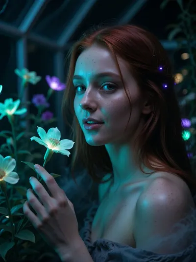 Ultra detailed depiction, extreme close-up composition, sharp focus on her face. A professional cinematic still of a beautiful fantasy redhead woman with pale skin, standing inside a dimly lit greenhouse filled with bioluminescent flowers. Her skin is smooth and cool-toned, with a faint natural sheen. Her eyes are a striking deep green, reflecting the soft glow of the plants around her. Her expression is calm and curious, a gentle smile on her lips as she looks toward one of the glowing flowers near her hand. Her dark hair falls loosely around her shoulders, catching small points of glowing light. Around her, the greenhouse is filled with fantastical flora, glowing flowers in shades of teal, violet, and soft green, casting gentle ambient light through the dim space. Wisps of soft mist drift low along the ground. The overall lighting is dark and moody, lit primarily by the glowing plants themselves, creating dramatic contrast between deep shadow and vivid glowing color. The color palette is dominated by deep blues, teals, and glowing violet accents. Shallow depth of field, soft bokeh background, over-detailed cinematic photography, masterpiece, epic detail, sharp facial details, photorealistic render.