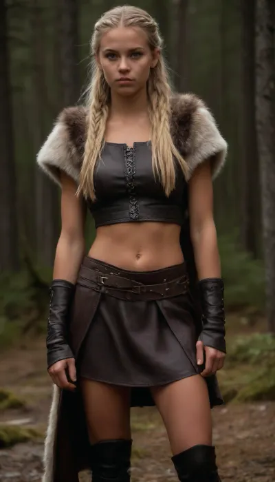 very high quality, 8k, very deailed picture, ((((very skinny swedish woman, tanned northern viking blonde woman casually standing in the northern wilderness, 18yo, highly defined muscle detail, highly detailed skin, perfect body, ((wearing a full heavy viking armor made of leather and fur)), ((((several layers of viking cloths made of leather and fur)))), (extreme long hair:1.9), (buttlenght hair:1.9), ((((braided, long viking hairstyle)))), play of light and shadow on skin and big strong muscles give the picture depth and a high degree of realism, tanlines, a few bright-colored accessoires and flashy jewelry ad a pop of color and visual interest and detail))))