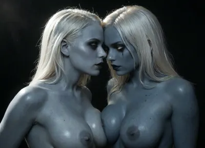 sensual photo of a beautiful face of an alien 25yo woman, large breasts, soft tits, heavy tits, ((blue skin, white hair, black lipstick)), blue areolae, skin imperfections, skin pores, moody light, white eyes, black mascara makeup, side view, high angle, <lora:dark:.8>, <lora:xl_more_art-full_v1:.8>