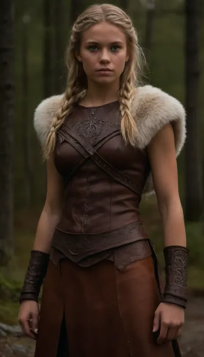 very high quality, 8k, very deailed picture, ((((very skinny swedish woman, tanned northern viking blonde woman casually standing in the northern wilderness, 18yo, highly defined muscle detail, highly detailed skin, perfect body, ((wearing a full heavy viking armor made of leather and fur)), ((((several layers of viking cloths made of leather and fur)))), (((extreme long hair:1.9))), ((((braided, very long viking hairstyle)))), play of light and shadow on skin and big strong muscles give the picture depth and a high degree of realism, tanlines, a few bright-colored accessoires and flashy jewelry ad a pop of color and visual interest and detail)))), clothes, braless, Wearing, that, make, sense, with, Braless>, detailxl, <lora:bralessSDXL_v1_00022:.8>