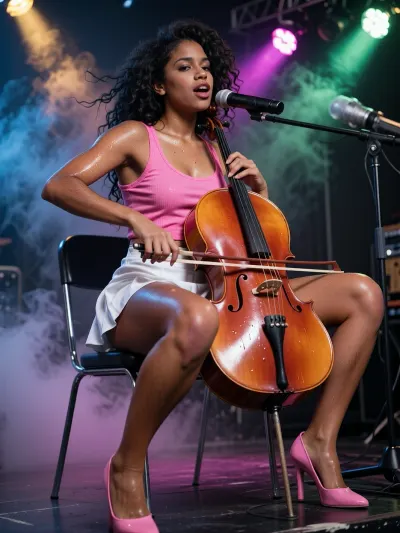 1 girl, 18 years old, youthful appearance, African, black skin, glistening, sweaty, beads of sweat, pink tank top, low neckline, white miniskirt, pink high heels, round face, realistic face, seductive gaze, dark brown eyes, long jet-black hair with Afro texture, (full lips:1.1), dimples, petite, narrow waist, medium-width hips, natural breasts, medium-sized breasts, (erect nipple:1.3), beautiful round buttocks, slender legs, well-groomed hairy pussy, sitting on a chair on a stage, playing the cello and singing at the top of her lungs, colorful spotlights, fog machine, wind machine making her hair blow, realistic photo, cinematic lighting, vibrant colors, best quality, masterpiece