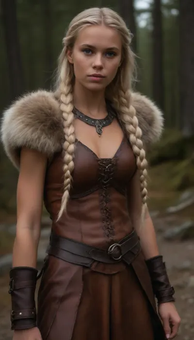 very high quality, 8k, very deailed picture, ((((very skinny swedish woman, tanned northern viking blonde woman casually standing in the northern wilderness, 18yo, highly defined muscle detail, highly detailed skin, perfect body, ((wearing a full heavy viking armor made of leather and fur)), ((((several layers of viking cloths made of leather and fur)))), (extreme long hair:1.9), (buttlenght hair:1.9), ((((braided, long viking hairstyle)))), play of light and shadow on skin and big strong muscles give the picture depth and a high degree of realism, tanlines, a few bright-colored accessoires and flashy jewelry ad a pop of color and visual interest and detail))))