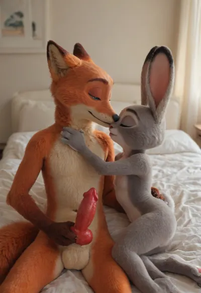 (Furry, Judy Hopps from "Zootopia":1.7), (Furry, Nick Wilde from "Zootopia":1.7), ((Disney)), rabbit, Judy Hopps holds knotted penis Nick Wilde's, red penis, canine penis, fox penis, kissing Bed.