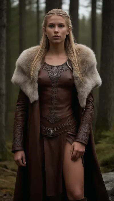 very high quality, 8k, very deailed picture, ((((tall very skinny swedish woman, tanned northern viking blonde woman casually standing in the northern wilderness, 18yo, highly defined muscle detail, highly detailed skin, perfect body, ((wearing a full heavy viking armor made of leather and fur, over all a long thick fur coat)), ((((several layers of viking cloths made of leather and fur)))), ((((extreme long viking hairstyle:1.9), extreme long hair)))), play of light and shadow on skin and big strong muscles give the picture depth and a high degree of realism, tanlines, a few bright-colored accessoires and flashy jewelry ad a pop of color and visual interest and detail))), clothes, braless, Wearing, that, make, sense, with, Braless>, detailxl, <lora:bralessSDXL_v1_00022:.8>
