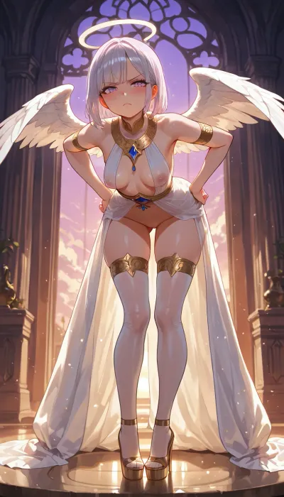 purple sunset, skies, solo, Legs wide, (medium breast), full-length view, silver manicure, (petite build), short hair, 1girl, bangs, (young), calm and focused, extremely platform heels, stockings, the celestial goddess of debauchery, the celestial throne of the goddess, divine transparent uniform, angel wings, halo, (tiptoe), (She leaned forward to scold me, looking me in the eye with a hurt expression, her hands on her hips), Angry, looking straight ahead, no panties, no bra, horny excited erect nipples, anus