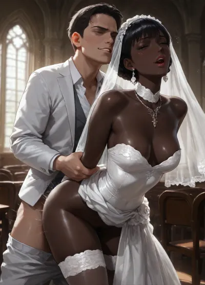 photorealistic, innocent, sexy, (enjoying being fucked from behind by a white man:1.8), (at church), (face like Audrey Hepburn:1.2), Indian, (Telugu:.9), (very dark black skin:1.2), (wedding dress), (long black hair:1.2), small breasts, pubic hair, darkness, orgasm, trembling, <lora:dark:.8>