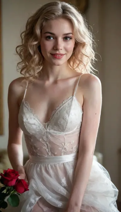 beautiful sexy slender young lady, hot sweaty pale white skin, kind soft, flirty eyes, flirty smirk smile, rough tangled rose hair, shear bridal dress, g-string, thigh