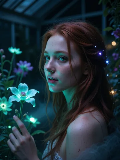 Ultra detailed depiction, extreme close-up composition, sharp focus on her face. A professional cinematic still of a beautiful fantasy redhead woman with pale skin, standing inside a dimly lit greenhouse filled with bioluminescent flowers. Her skin is smooth and cool-toned, with a faint natural sheen. Her eyes are a striking deep green, reflecting the soft glow of the plants around her. Her expression is calm and curious, a gentle smile on her lips as she looks toward one of the glowing flowers near her hand. Her dark hair falls loosely around her shoulders, catching small points of glowing light. Around her, the greenhouse is filled with fantastical flora, glowing flowers in shades of teal, violet, and soft green, casting gentle ambient light through the dim space. Wisps of soft mist drift low along the ground. The overall lighting is dark and moody, lit primarily by the glowing plants themselves, creating dramatic contrast between deep shadow and vivid glowing color. The color palette is dominated by deep blues, teals, and glowing violet accents. Shallow depth of field, soft bokeh background, over-detailed cinematic photography, masterpiece, epic detail, sharp facial details, photorealistic render.