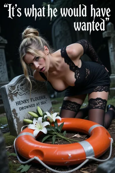 Cinematic concept art, dark humor aesthetic, high contrast lighting. A voluptuous 30-year-old blonde woman, hair in a messy bun with bangs, with an hourglass figure, wearing a provocative, very low-cut black lace minidress, bending forward deeply toward the viewer. Extreme perspective emphasizing a deep cleavage and the tops of her breasts. She is laying a tribute at a weathered graveyard headstone, the inscription clearly visible reads "HENRY FLOUNDER, DROWNED AT SEA ". The tribute is a bright orange nautical lifebuoy ring entwined with delicate white lilies. Gothic atmosphere, moody overcast lighting with a desaturated color palette, contrasting with the vivid orange of the lifebelt. Painterly textures, hyper-realistic skin details, intricate lace patterns. Top of frame features bold, stylized caption text, “It’s what he would have wanted”. Dramatic composition, 8k resolution, sharp focus, moody chiaroscuro.