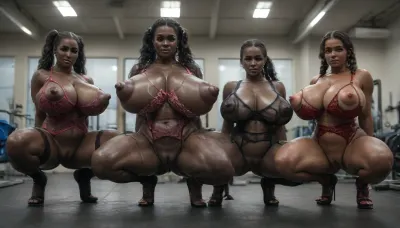 beautiful, (one African wearing lingerie squatting:1.2), (Nigerian wearing lingerie), (Fijian), sexy muscular skinny, 40 year old black women, different poses, (Somalian naked with crotchless panties), oiled up, Brown eyes, (all black skin:1.8), pigtails, side on view, (big puffy areola:1.5), (large puffy vagina:1.9), (extended nipples:1.4), (huge puffy nipples:1.9), (pointy breasts:1.5), (wide hips:1.8), (thick thighs:1.7), (large erect nipples:1.8), 7 women, (huge breasts:1.6), in lesbian orgy with same body types and long hair, (huge ass:1.5), (big labia:1.5), some showing their ass, more Nigerian women, (wearing full body torn lingerie:1.7), posing in a gym, (wearing more torn lingerie with cleavage:1.8), (one woman doing squats), squatting