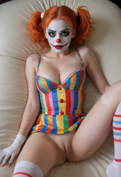young beautiful girl 18 years old clown girl with big breasts, wearing a pulled-up dress without any underwear, laying on her back with spread legs, no panties, long striped socks, clown makeup, skinny, white face paint, detailed vagina, looking at the viewer, back long high twin multi-colored ponytails, excited, aroused, tack sharp, 4k, dslr