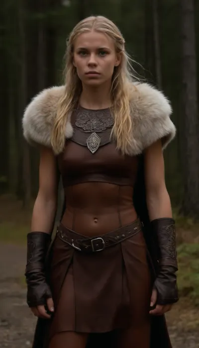very high quality, 8k, very deailed picture, ((((very skinny swedish woman, tanned northern viking blonde woman casually standing in the northern wilderness, 18yo, highly defined muscle detail, highly detailed skin, perfect body, ((wearing a full heavy viking armor made of leather and fur)), ((((several layers of viking cloths made of leather and fur)))), (extreme long hair:1.9), ((((braided, long viking hairstyle)))), play of light and shadow on skin and big strong muscles give the picture depth and a high degree of realism, tanlines, a few bright-colored accessoires and flashy jewelry ad a pop of color and visual interest and detail)))), clothes, braless, Wearing, that, make, sense, with, Braless>, detailxl, <lora:bralessSDXL_v1_00022:.8>