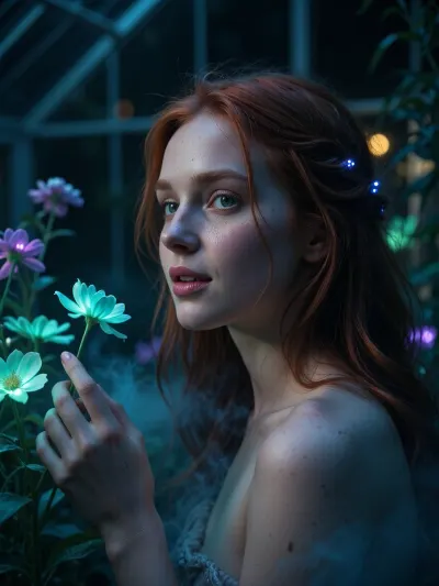 Ultra detailed depiction, extreme close-up composition, sharp focus on her face. A professional cinematic still of a beautiful fantasy redhead woman with pale skin, standing inside a dimly lit greenhouse filled with bioluminescent flowers. Her skin is smooth and cool-toned, with a faint natural sheen. Her eyes are a striking deep green, reflecting the soft glow of the plants around her. Her expression is calm and curious, a gentle smile on her lips as she looks toward one of the glowing flowers near her hand. Her dark hair falls loosely around her shoulders, catching small points of glowing light. Around her, the greenhouse is filled with fantastical flora, glowing flowers in shades of teal, violet, and soft green, casting gentle ambient light through the dim space. Wisps of soft mist drift low along the ground. The overall lighting is dark and moody, lit primarily by the glowing plants themselves, creating dramatic contrast between deep shadow and vivid glowing color. The color palette is dominated by deep blues, teals, and glowing violet accents. Shallow depth of field, soft bokeh background, over-detailed cinematic photography, masterpiece, epic detail, sharp facial details, photorealistic render.