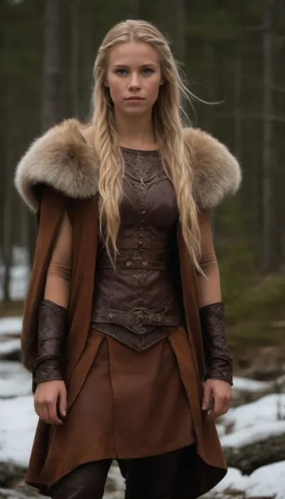 very high quality, 8k, very deailed picture, ((((very skinny swedish woman, tanned northern viking blonde woman casually standing in the northern wilderness, 18yo, highly defined muscle detail, highly detailed skin, perfect body, ((wearing a full heavy viking armor made of leather and fur)), ((((several layers of viking cloths made of leather and fur)))), (extreme long hair:1.9), ((((braided, long viking hairstyle)))), play of light and shadow on skin and big strong muscles give the picture depth and a high degree of realism, tanlines, a few bright-colored accessoires and flashy jewelry ad a pop of color and visual interest and detail))))