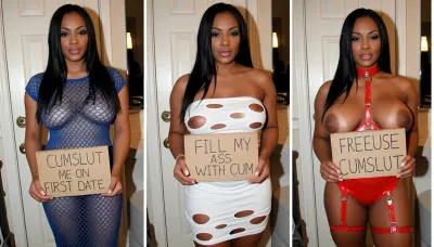 side-by-side three pictures of a milf African-American, thick, woman, with long straight black hair, standing in front of an bathroom door at a restaurant. On the first picture on the left she wears a blue fishnet dress, and holds a handmade sign with text "CUMSLUT ME ON FIRST DATE". On the second picture in the middle she wears a white pothole dress, and holds a handmade sign with text "FILL MY ASS WITH CUM". On the third picture on the right she wears a red latex full-body harness with a collar and leash, and holds a handmade sign with text "FREEUSE CUMSLUT".