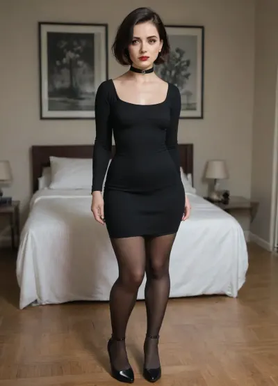 Mature woman, sad, age 47, black hair, short hair, goth pale, red lips, short woman, (chunky legs:1.1), (wide hips:1), (thick thighs:1.12), choker, (black dress), tight dress, long sleeve dress, black pantyhose, high heels, small breasts, natural breasts, flat chest, brown eyes, 1950's vintage hair style, standing, shy, guilt, in bedroom, the picture style is vintage 1950's