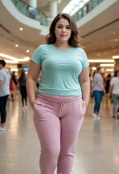 A photorealistic cinematic scene of a 25-year-old adult woman with a beautiful, naturally curvy and plump figure, standing casually inside a modern city shopping mall. She is wearing comfortable jogger pants and an oversized casual T-shirt. She has a natural, friendly appearance and a relaxed, candid expression. Her clothing falls naturally over her body with realistic folds and fabric texture, preserving her natural body shape. Modern mall interior, shops and storefronts in the background, polished floor, soft indoor lighting, realistic reflections, natural skin texture, realistic fabric physics, candid photography, full-body composition, natural proportions, high detail, photorealistic. Her clothing falls naturally over her body with realistic folds and fabric texture, preserving her natural body shape, plump, skindentation, chubby, bbw, venus, body, big, breasts, ass, <lora:Chubby BBW - XL:.8>