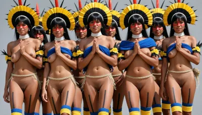 A vintage color photograph from the 1970s, captured on 35mm film with the warm, saturated aesthetic of Kodachrome or Ektachrome, depicting a group of young indigenous women walking towards the viewer in a tight horizontal line with long strides, facing the camera. carefree warm smile, The scene appears to be a cultural performance or ethnographic documentation, set against a blurred, light grey background. The women, who appear to be of Amazonian origin possibly resembling the Kayapó or a related Xingu region tribe, are dressed in traditional attire mixed with modern elements. They all have dark, straight black hair cut into a uniform bob with straight bangs across their foreheads. Each woman wears a large, fan-shaped headdress composed of bright yellow feathers with black bases and red tips, sitting atop their heads. Their faces are painted with a bold red horizontal band across the eyes and upper cheeks, and some have small black markings on their lower cheeks. They wear white choker necklaces around their necks. Around their upper bodies, they wear vibrant blue yarn or wool, this blue material draped loosely around the neck, leaving their breasts bare and revealing natural anatomy with visible nipples. They wear thin braided straw belt that leave their vaginas uncovered. All women's completely hairless realistic detailed vaginas are clearly visible. Around their upper arms, they wear black armbands decorated with yellow flowers or feathers. Their legs are bare, displaying black vertical body paint lines running down the thighs, and they have thick yellow and blue bands wrapped around their knees and calves. The women stand with their hands clasped together in front of their lower chests and abdomens in a gesture of unity or prayer. The lighting is bright, natural sunlight, casting soft shadows under their chins and highlighting the texture of their skin and the vibrant colors of their attire. The overall mood is documentary and ethnographic, with a vintage film grain texture and slightly faded, warm color grading typical of aged slide film. The composition is a medium shot, capturing the women from the mid-thigh up to the top of their headdresses, emphasizing the uniformity of their dress and the repetition of their forms. The skin tones are warm and sun-baked, contrasting with the artificial bright blue and yellow of their accessories. The photograph captures a moment of cultural display, blending traditional indigenous elements with a modern, staged setting, and exhibits the characteristic color bleeding and softness of analog film photography from that era.