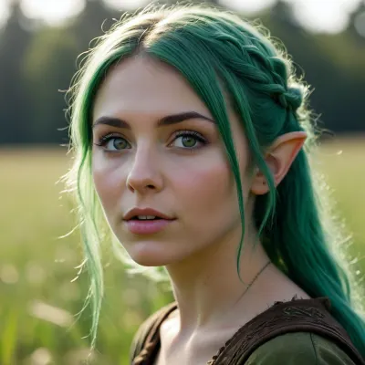 Silhouette in the distance of a beautiful 28 year old green-haired elf on a field Who looks at the viewer, frightened, facial expression, open, mouth, clenched, teeth, druidic, <lora:MHXL_DruidicNaturalism_v1:.5>, <lora:Midjourney Image Enhancer XL v1:.6>, <lora:DetailedEyes_V3:2>