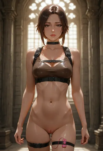 adult Tomb Raider cosplay, ((mature face)), large eyes, slim petite build, skinny, enhanced bust, photorealistic pussy, medium breasts, remote vibrator, exaggerated holding in an orgasm pose