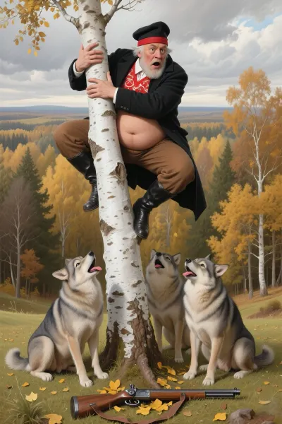 A comical oil painting masterpiece executed in the style of 19th-century Russian book illustration, featuring rich brushwork texture and finely rendered details. The tall, slender trunk of a white birch tree stretches from the bottom edge of the painting to its very top. Perched atop the slender crown of this vertical trunk is a comical, portly, bearded Russian hunter in his fifties. He wears a comically terrified expression with wide-open eyes, he is dressed in a black peaked cap with a red band, an open black wool coat, and a bright red patterned shirt revealing a large, round belly, along with brown trousers and boots. He clings desperately to the slender treetop with his hands and feet, pressing his body tightly against the birch bark. Beneath him extends a long, impressive stretch of dazzling white trunk, creating a sense of immense height. At the very bottom of the painting, on the grass at the tree's base, sit three gray wolves, they gaze upward, comically licking their lips. A double-barreled shotgun lies on the yellow foliage right in front of the wolves' paws. In the background, a majestic, dense, and lush autumn forest—ablaze with golden-yellow and amber foliage—stretches into the distance beneath a gray, cloudy sky.
