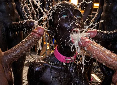 (ultra black skin:4), 20 yo African female, hard pressing massive tits with hands, Nipple and areola visible, maid outfit, kitchen, kneeling, lactation, milk spraying

realistic, ashamed facial expression, pain-distorted facial expression, medium breasts, pink leather corset, blue eyes, anal fuck, rough fuck, painfull fuck, wide pink slave collar, lots of cum on her face, lots of cum on her breasts, hair pulling, living room, leash, bdsm tied up, helpless, bondage, bdsm, pierced nipples, gangbang, (cum explosion from nose:1.64), (cum explosion from mouth:1.85), random sex scene, rapefantasy, Rating_explicit, (score_9, score_8_up, score_7_up, source_bdsmrape:1.12), close up, detailed and infocus face, masterpiece, (perfect lighting:1.4), (skinny:1.4), (ultra detailed face:1.4), (ultra high detailed outfit:1.4), 8k, (high resolution:1.4), (huge dick:2.8), (whip marks:1.5), (whipped tits:1.6), ring gag, (open mouth gag:1.55), (irrumatio:1.6), (6 identical triplet girls, exactly look alike same:1.3), ((analrape spitroast)), ((large cock in mouth:1.12)), (cum explosion from mouth:1.125), (source_bdsmrape:1.48), (hyper massive cock:1.2), of the beast is to big for her little mouth, impossible fit in mouth, looking up, (trying to fit in her mouth the massive cock:1.12), (Tears:2), (bukkake:1.12), (handjob:1.5), above view, cum in mouth, cum on forehead, cum on cheeks, porn photoshoot, (huge dick), (creamy deep deepthroat:1.12), (extreme oral sex:1.4), (huge massive white dick:1.4), (cum), (hands holding hair), (huge dick:1.4), (bukakke), (cum in face, cum on body), (covered in cum), (excessive cum:1.12), (cum on face), (cum on body), (Cum in hair), photorealistic cum, thin runny cum, thick chunky cum bukkake, unwanted bukkake, 4boys, 5boys, 6+boys, multiple black men, Transparent Liquid, orgy, penis, cum, cumbath, <lora:LCMTurboMix_Euler_A_fix:2>, <lora:sd_xl_turbo_lora_v1-64dim:2>, <lora:futureistic_fantasy_anime_sdxl_v1:2>, <lora:Incase_Style__SDXL:2>, <lora:3ll3f4nning:2>