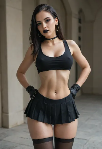 18+, goth, blue eyes, half head shaved, hair on one side, black long hair, thick, curvy, waist, wide hips, black crop top, tank top, erect nipples under clothes, high waist extremly pleated skirt, black thigh highs, black choker, ear piercings, hoop gold earrings, navel piercing, no panties, spit string drooling from mouth, pussy wet, string grool from pussy, ass spread, anal gape, slut, horny, seductive, tanned, cleavage, one hand spread butt cheek, underboob, black silk gloves, black lipstick, dark makeup, pubic hair, medium breasts