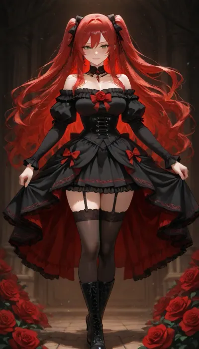 A stunning anime girl with long flowing crimson-red hair cascading behind her, a large red rose and black ribbon in her hair, bright green eyes, highly detailed face, intricate facial features, large detailed green eyes with catchlights and defined eyelashes, delicate nose and lips, subtle blush, refined facial structure, sharp focus on the face, beautiful detailed skin, and a confident slight smile. She wears a white off-shoulder blouse, with puffy ruffled sleeves and red ribbon bows, a black laced underbust corset decorated with red roses and dangling gold chains, a black high-low gothic skirt with a vivid red underside, black garter straps, sheer black thigh-high stockings, and black lace-up boots. A black choker is around her neck.
walking head held high., <lora:victorian_dress-XL-2.0:1>, <lora:Fiona-000009:.8>