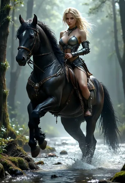 (((Her full body is in view))), (((full body picture))), (((full body view))), (((picture is showing her full body))), Uber realistic, 8k, ultra detailed, masterpiece, (beautiful 30yo female steampunk warrior-goddess, topless), steampunk dark swamp setting, ((She is in a wild ride on a beautiful, pitch black horse, horse is galopping wild, in a dark swamp)), her presence both awe-inspiring and dangerous. Her skin is pale as moonlit snow, kissed faintly by the warm winds of the dark swamps. Cascading down her back in wild, tangled waves is a mane of dark, wavey, dirty-blonde hair, she has breautiful small bell shaped A-cup-breasts, streaked with silvery tones like threads of ice. She has breautiful dark-brown eyes, intelligent, and edged with the feral cunning of a huntress born to the steamy swamps.

Her beauty is raw and untamed, sculpted by hardship and war. High cheekbones, a strong jawline, and full lips give her a regal, almost ethereal quality, while the faint scars tracing her collarbone and ribs hint at countless battles survived. Muscled, her figure is that of a warrior goddess—broad-shouldered, with powerful legs, ((bare tits, and bone trophies taken from the beasts and men she's slain)), .

Around her neck hangs a talisman of an elder god, and her arms bear bronze armbands inscribed with symbols of forgotten tribes.

She is a storm wrapped in flesh, an iceborn flame burning through the dark age of Hyboria., (shortstack:1.13), (muscular), realistic brown eyes, realistic detailed face, realistic detailed hair, realistic detailed body, realistic detailed skin, realistic detailed A-cup-breasts, A-cup, realistic detailed pussy, ((dynamic view:1.8)), ((dynamic view angle:1.8)), ((dynamic action pose:1.8)), realistic black horse, running horse, detailxl, hkstyle, RiHorse, front_view, half_front_view, side_view, galloping, <lora:add-detail-xl:1.5>, <lora:hkstyleV5:.8>, <lora:BUT_SDXL_SHS:1.2>, <lora:RideHorse.0.9:1.8>, <lora:MJ52:1.2>