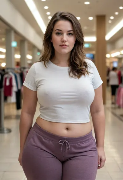 A photorealistic cinematic scene of a 25-year-old adult woman with a beautiful, naturally curvy and plump figure, standing casually inside a modern city shopping mall. She is wearing comfortable jogger pants and an oversized casual T-shirt. She has a natural, friendly appearance and a relaxed, candid expression. Her clothing falls naturally over her body with realistic folds and fabric texture, preserving her natural body shape. Modern mall interior, shops and storefronts in the background, polished floor, soft indoor lighting, realistic reflections, natural skin texture, realistic fabric physics, candid photography, full-body composition, natural proportions, high detail, photorealistic. Her clothing falls naturally over her body with realistic folds and fabric texture, preserving her natural body shape, plump, skindentation, chubby, bbw, venus, body, big, breasts, ass, <lora:Chubby BBW - XL:1.5>