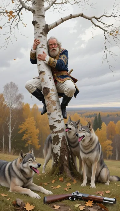 A masterpiece of the highest quality and ultra-high detail, executed in a classical oil painting style featuring exquisite brushwork, a distinct canvas texture, and impasto technique.
A wide shot depicting a tall, slender birch tree devoid of low-hanging horizontal branches. The main trunk is sharply bent under the weight of a stout Russian nobleman, richly dressed and sporting a thick mustache, he hangs suspended in mid-air, clinging desperately to the curved trunk. He embraces the tree tightly, wrapping his arms and legs around the smooth white bark and scrambling upward, holding on with his entire body. He is positioned at a height beyond the reach of the wolves.
Wolves, Far below on the grassy ground, three large, realistic gray wolves sit huddled together, gazing straight up. A vast expanse of empty space separates the wolves' heads from the suspended man. The wolves are comically licking their lips with pink tongues, a discarded double-barreled shotgun lies amidst the fallen autumn leaves. The background features a dense autumn forest with golden-yellow foliage and a gray, overcast sky.