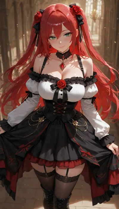 A stunning anime girl with long flowing crimson-red hair cascading behind her, a large red rose and black ribbon in her hair, bright green eyes, and a confident slight smile. She wears a white off-shoulder blouse, highly detailed face, intricate facial features
large detailed green eyes with catchlights and defined eyelashes, delicate nose and lips, subtle blush, refined facial structure, sharp focus on the face, beautiful detailed skin, with puffy ruffled sleeves and red ribbon bows, a black laced underbust corset decorated with red roses and dangling gold chains, a black high-low gothic skirt with a vivid red underside, black garter straps, sheer black thigh-high stockings, and black lace-up boots. A black choker is around her neck.
walking head held high., <lora:victorian_dress-XL-2.0:2>